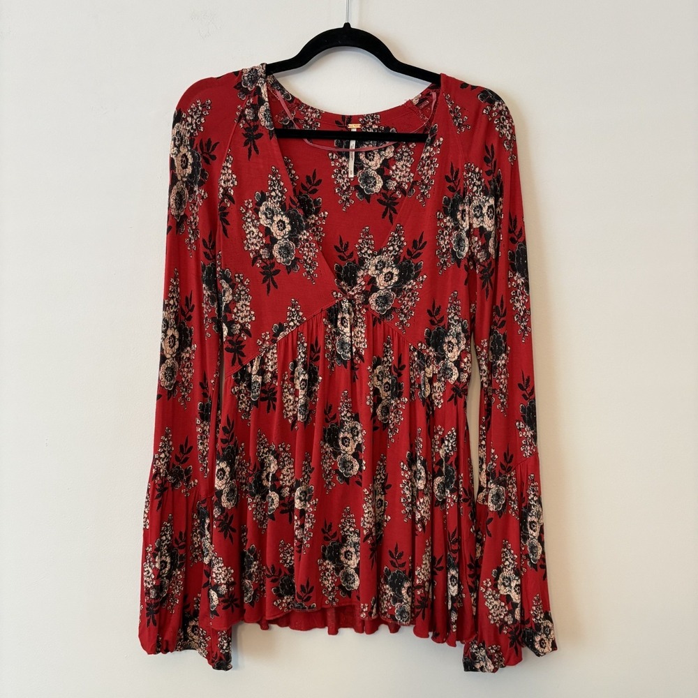 Free People Speak Easy Babydoll Floral Top Sz M Bell Sleeve Boho Cottage Western